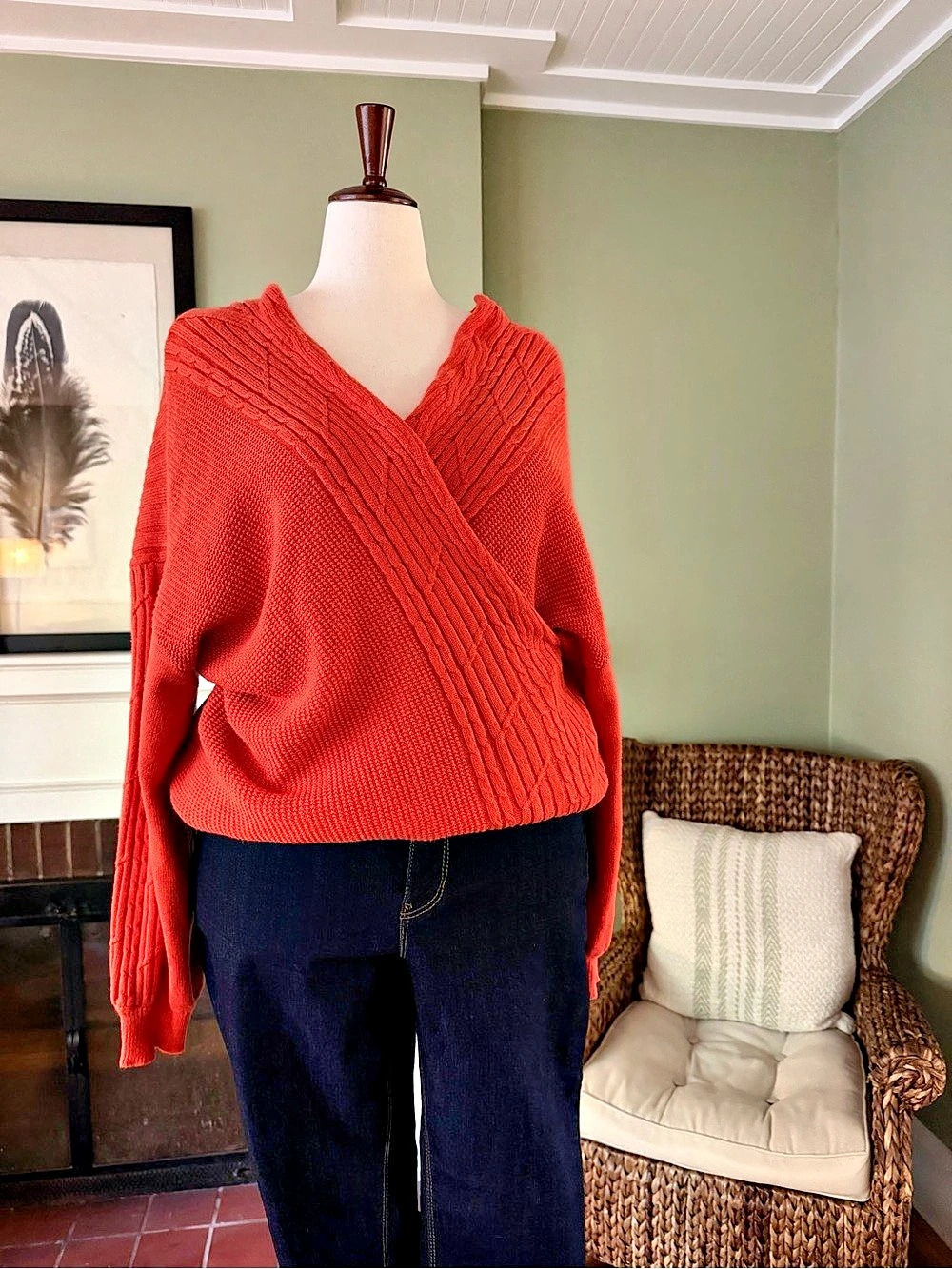 Terracotta Orange Cable Knit Crossover V-Neck Sweater - Size 2X
